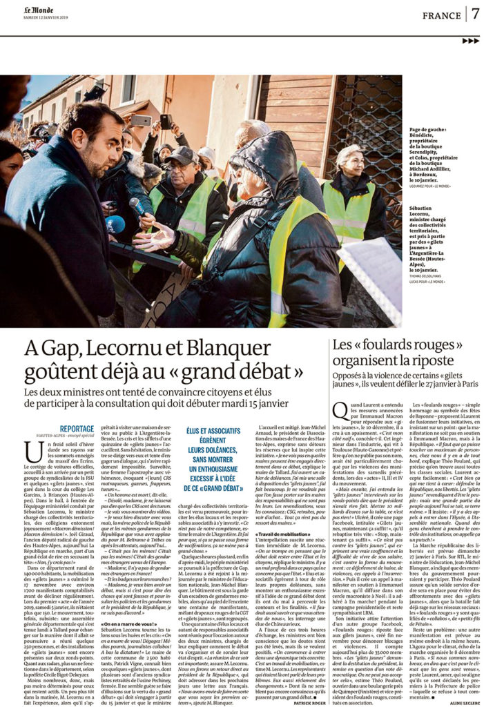 Commande du quotidien "Le Monde", sur le déplacement des ministres Lecornu et Blanquer dans les Hautes-Alpes.