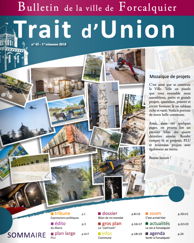 Magazine "Trait d'Union" de la ville de Forcalquier - lien vers le magazine en lecture sur le site de la ville.