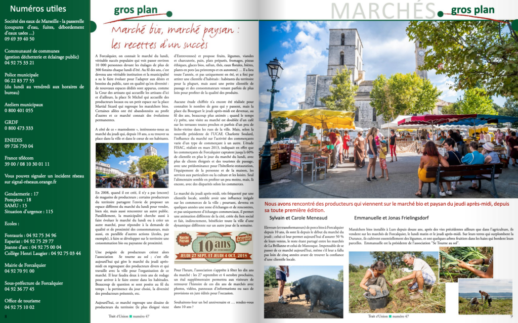 Magazine "Trait d'Union" de la ville de Forcalquier - lien vers le magazine en lecture sur le site de la ville.